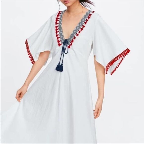 Zara Boho Pom Pom Tassel Midi Dress White S - Picture 15 of 15